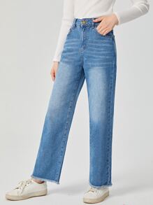 SHEIN 青少年女孩毛邊緣直筒牛仔褲 - 中等水洗藍 - 查看 3