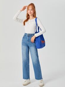 SHEIN 青少年女孩毛邊緣直筒牛仔褲 - 中等水洗藍 - 查看 4