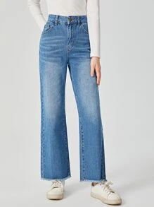 SHEIN 青少年女孩毛邊緣直筒牛仔褲 - 中等水洗藍 - 查看 5