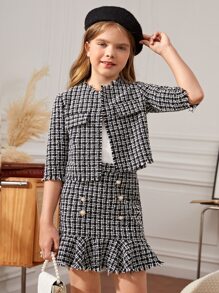 SHEIN Tween Girl Plaid Tweed Jacket & Ruffle Hem Skirt - Black and White - View 1