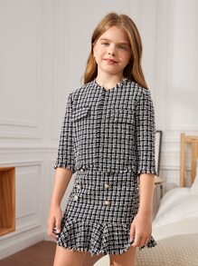 SHEIN Tween Girl Plaid Tweed Jacket & Ruffle Hem Skirt - Black and White - View 4