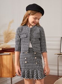 SHEIN Tween Girl Plaid Tweed Jacket & Ruffle Hem Skirt - Black and White - View 5