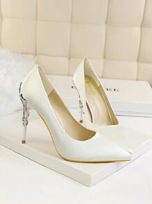 Point Toe Stiletto Heeled Satin Court Pumps - Beige - View 3