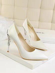 Point Toe Stiletto Heeled Satin Court Pumps - Beige - View 7
