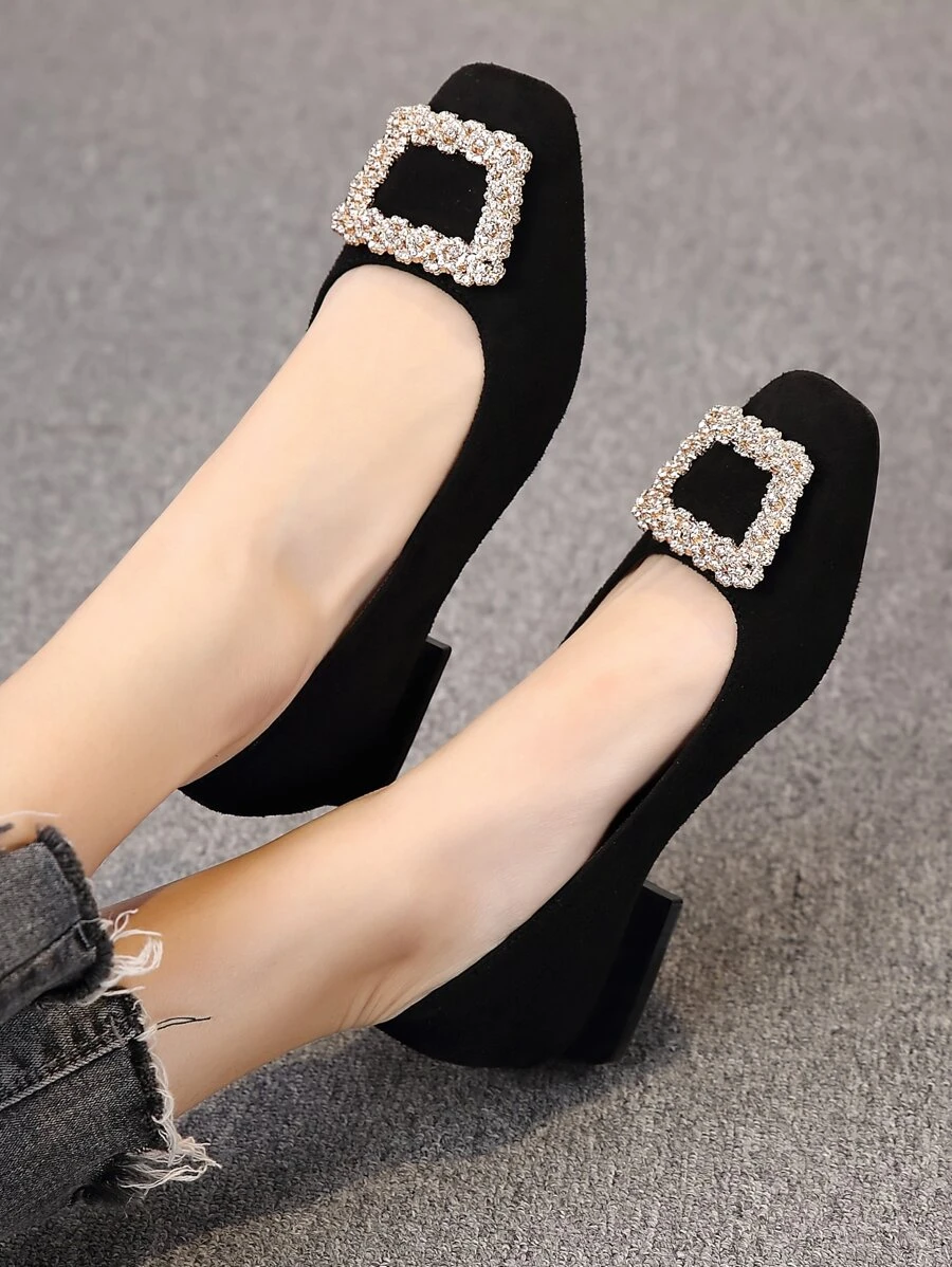 New Shoes, Thick Heel Comfortable Flat Loafers With Rhinestone Buckle, Slip-On High Heels, Low Heel Office Shoes For Dresses
