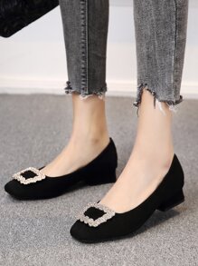 New Shoes, Thick Heel Comfortable Flat Loafers With Rhinestone Buckle, Slip-On High Heels, Low Heel Office Shoes For Dresses