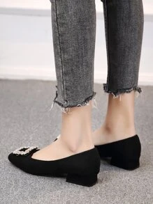 New Shoes, Thick Heel Comfortable Flat Loafers With Rhinestone Buckle, Slip-On High Heels, Low Heel Office Shoes For Dresses