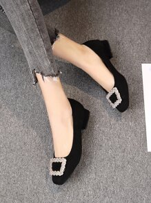 New Shoes, Thick Heel Comfortable Flat Loafers With Rhinestone Buckle, Slip-On High Heels, Low Heel Office Shoes For Dresses