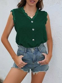 SHEIN Unity 圓點蕾絲拼接貝殼邊襯衫 - 綠色 - 查看 1