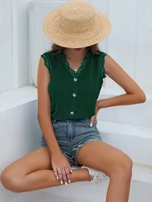 SHEIN Unity 圓點蕾絲拼接貝殼邊襯衫 - 綠色 - 查看 3