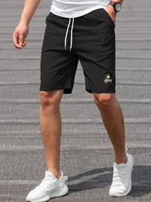 Manfinity Homme Lỏng lẻo phù hợp Nam Cây dừa & In thư Giải trí Quần short Với dây rút Eo - màu đen - Xem 1