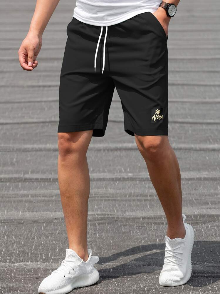 Manfinity Homme Lỏng lẻo phù hợp Nam Cây dừa & In thư Giải trí Quần short Với dây rút Eo - màu đen - Xem 1