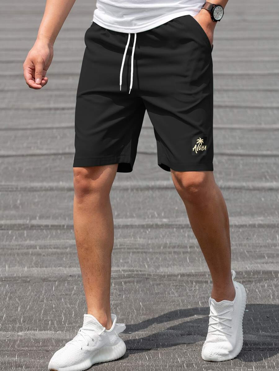 Manfinity Homme Lỏng lẻo phù hợp Nam Cây dừa & In thư Giải trí Quần short Với dây rút Eo - màu đen - Xem 1