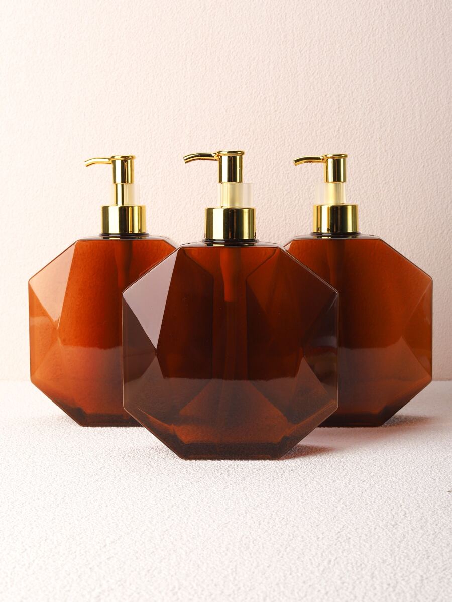 1pc Geometric Design Lotion Dispenser, 600ml Shampoo Bottle For Home - Brown - View 1
