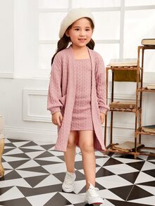 SHEIN Toddler Girls Drop Shoulder Patch Pocket Textured Coat & Dress - Dusty Pink - View 3