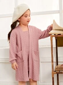 SHEIN Toddler Girls Drop Shoulder Patch Pocket Textured Coat & Dress - Dusty Pink - View 1