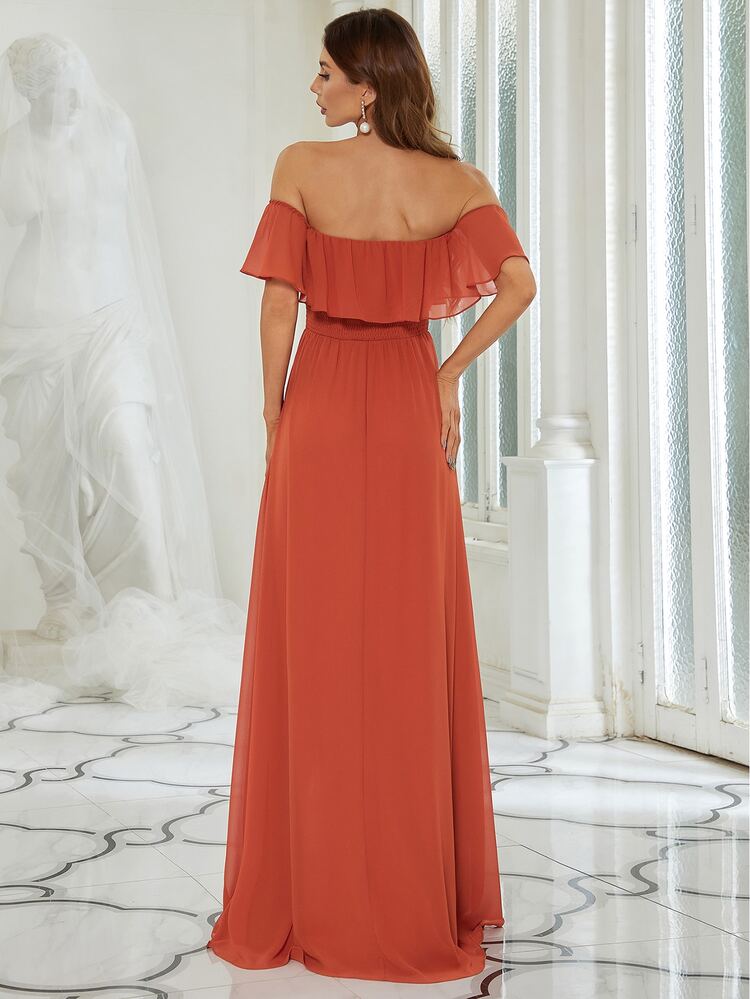 Off-Shoulder Ruffle Sleeve Side Slit A-Line Chiffon Tangerine Bridesmaid Dress, Spring/Summer Wedding Guest Dress, Vacation, Graduation Ceremony, Beach Holiday Elegant