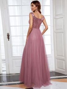 EVERPRETTY Đầm Tương phản Mesh ghép mộng kim sa màu trơn Hấp dẫn - Bụi hồng - Xem 3