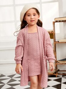 SHEIN Toddler Girls Drop Shoulder Patch Pocket Textured Coat & Dress - Dusty Pink - View 5
