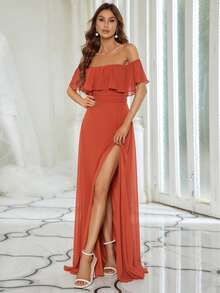 露肩荷叶袖侧开衩A字雪纺橘色伴娘礼服、婚礼宾客礼服、婚礼/度假/毕业典礼礼服 - 亮橙色 - 查看 5