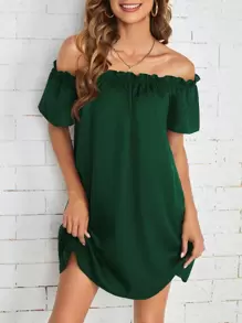 SHEIN Essnce Đầm viền lá sen màu trơn Giải trí - Màu xanh lá cây đậm - Xem 1