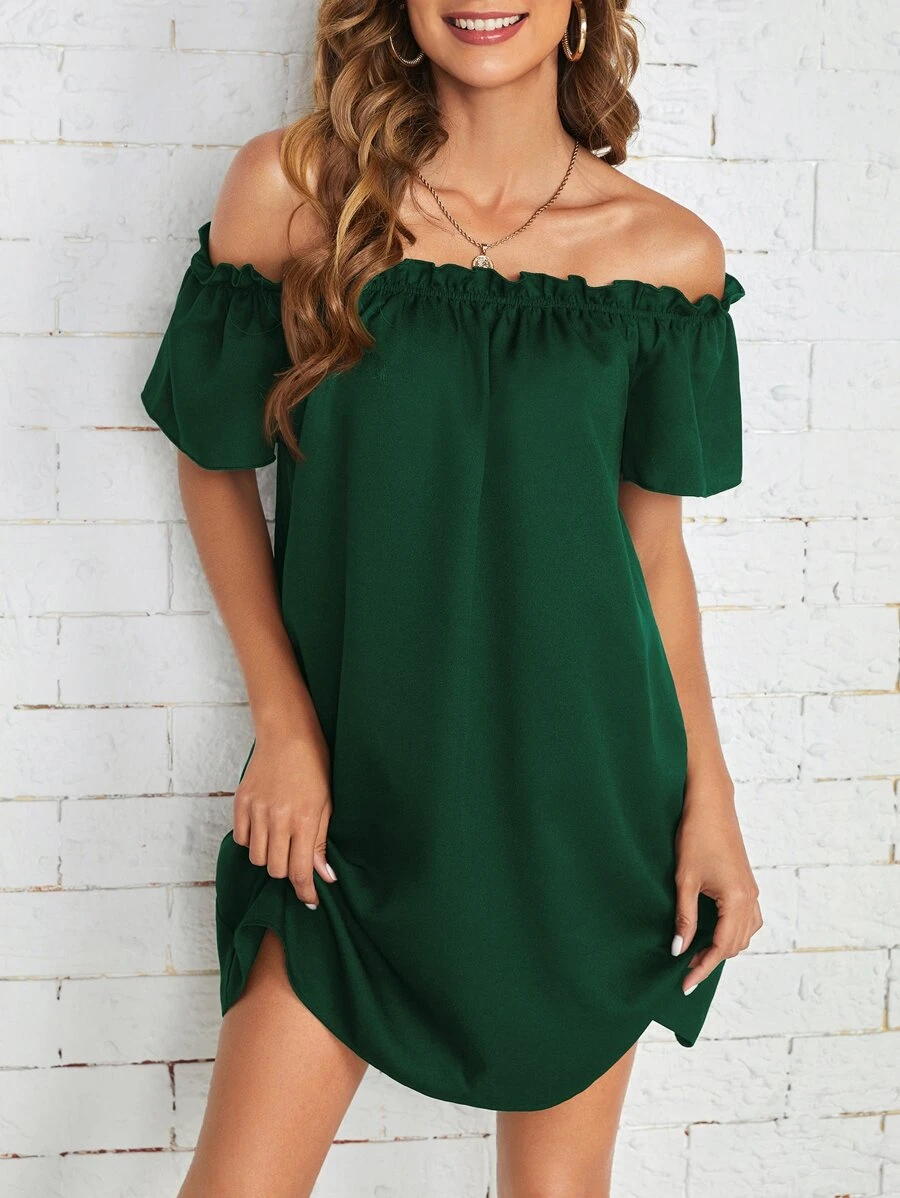 SHEIN Essnce Đầm viền lá sen màu trơn Giải trí - Màu xanh lá cây đậm - Xem 1