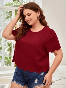 SHEIN Clasi Plus Scallop Trim Keyhole Back Top - Burgundy - View 3