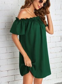 SHEIN Essnce Đầm viền lá sen màu trơn Giải trí - Màu xanh lá cây đậm - Xem 3