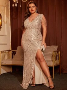 Plus Cold Shoulder Split Thigh Sequin Formal Dress - Champagne - View 1