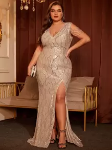 Plus Cold Shoulder Split Thigh Sequin Formal Dress - Champagne - View 4