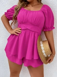 SHEIN Holidaya Jumpsuits Plus Size viền lá sen Viên lá sen Trọn gói Dải chun Nếp gấp Phần Ngực màu trơn Boho - Màu Hồng Tươi - Xem 1