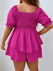 SHEIN Holidaya Jumpsuits Plus Size viền lá sen Viên lá sen Trọn gói Dải chun Nếp gấp Phần Ngực màu trơn Boho - Màu Hồng Tươi - Xem 2