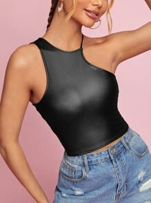 SHEIN BAE 素色不對稱領上衣 - 黑色 - 查看 1