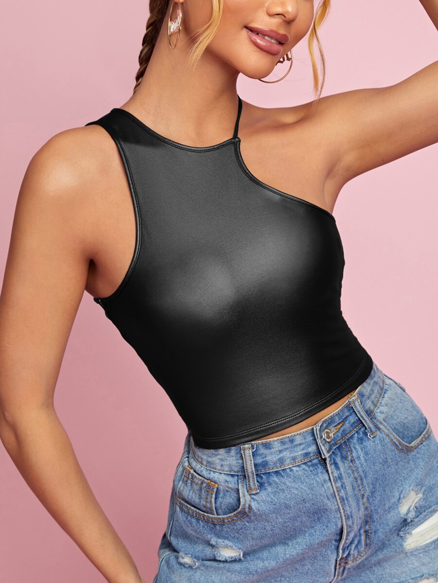 SHEIN BAE 素色不對稱領上衣 - 黑色 - 查看 1