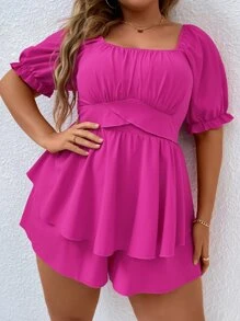 SHEIN Holidaya Jumpsuits Plus Size viền lá sen Viên lá sen Trọn gói Dải chun Nếp gấp Phần Ngực màu trơn Boho - Màu Hồng Tươi - Xem 5