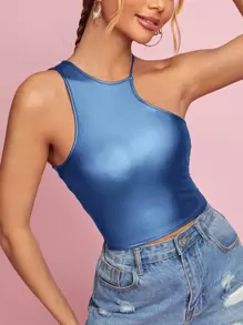 SHEIN BAE Solid Asymmetrical Neck PU Leather Top - Royal Blue - View 1