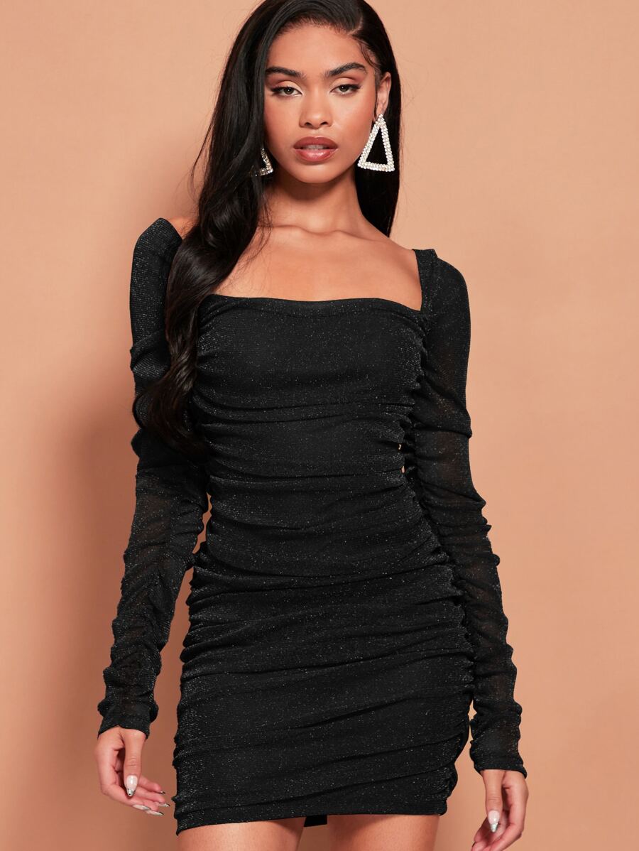 SHEIN BAE Off The Shoulder Glitter Bodycon Dress - Black - View 1