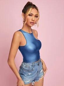 SHEIN BAE Solid Asymmetrical Neck PU Leather Top - Royal Blue - View 3