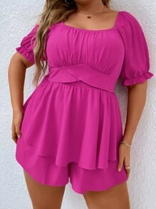 SHEIN Holidaya Jumpsuits Plus Size viền lá sen Viên lá sen Trọn gói Dải chun Nếp gấp Phần Ngực màu trơn Boho - Màu Hồng Tươi - Xem 7