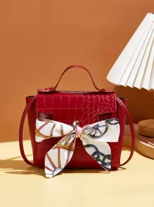 Bolso satchel mini ajustado con decoración de bufanda y relieve de cocodrilo - Burdeos - Ver 1