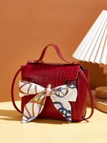 Bolso satchel mini ajustado con decoración de bufanda y relieve de cocodrilo - Burdeos - Ver 2