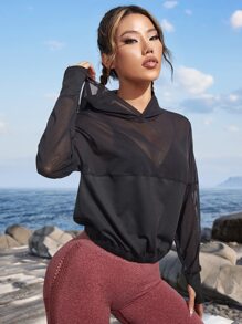 Gameset SHEIN Sport 落肩带拇指孔运动卫衣（不含胸罩） - 黑色 - 查看 3