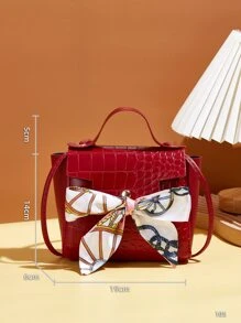 Bolso satchel mini ajustado con decoración de bufanda y relieve de cocodrilo - Burdeos - Ver 4