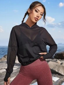 Gameset SHEIN Sport 落肩带拇指孔运动卫衣（不含胸罩） - 黑色 - 查看 5