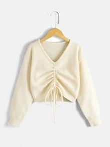 SHEIN Teen Girls Drawstring Front Drop Shoulder Sweater - Beige - View 1