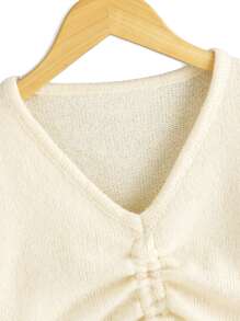 SHEIN Teen Girls Drawstring Front Drop Shoulder Sweater - Beige - View 3