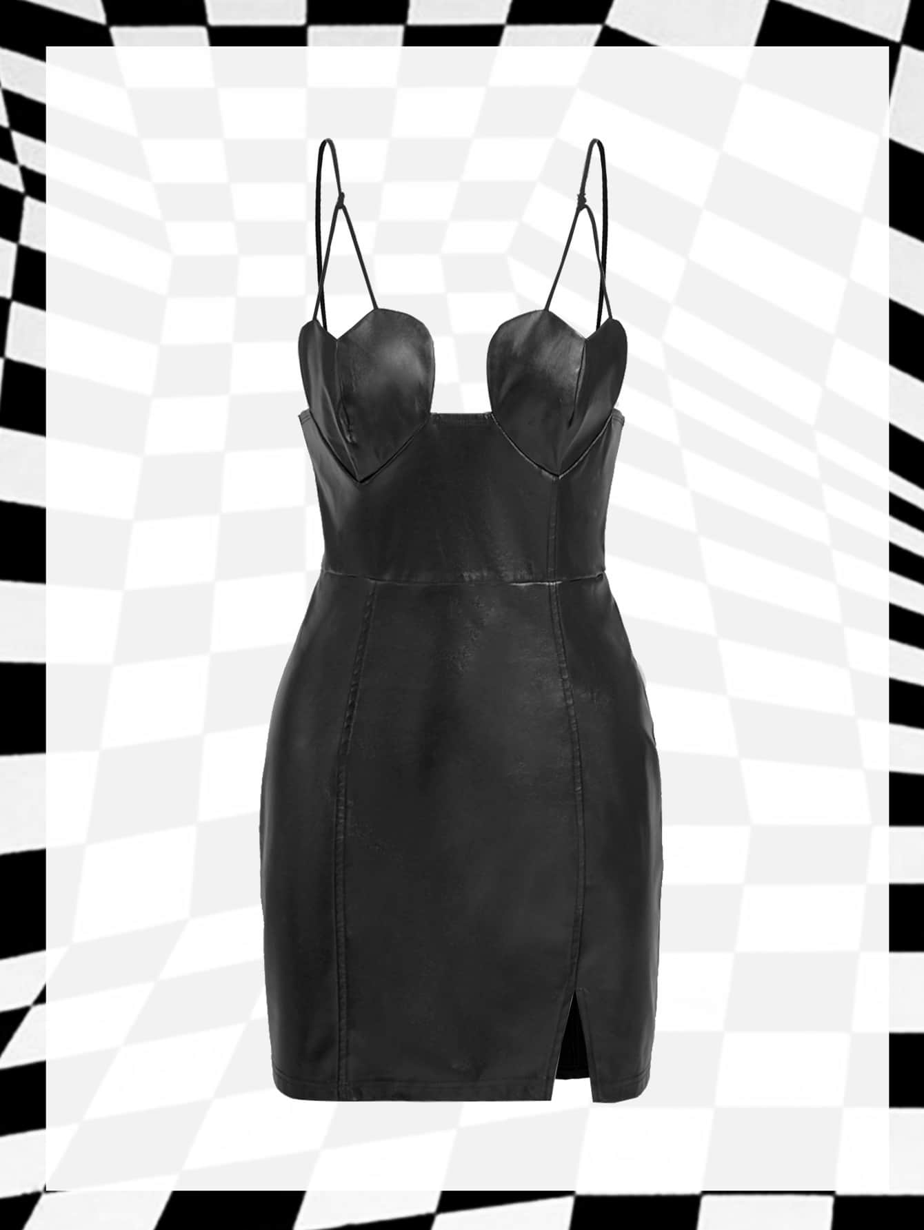 SHEIN ICON 鏈條細節下擺開叉吊帶洋裝 - 黑色 - 查看 1