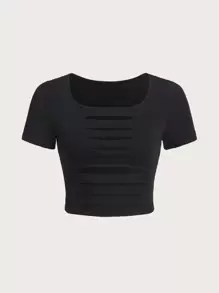SHEIN ICON Ladder Cut Crop Tee - Black - View 1
