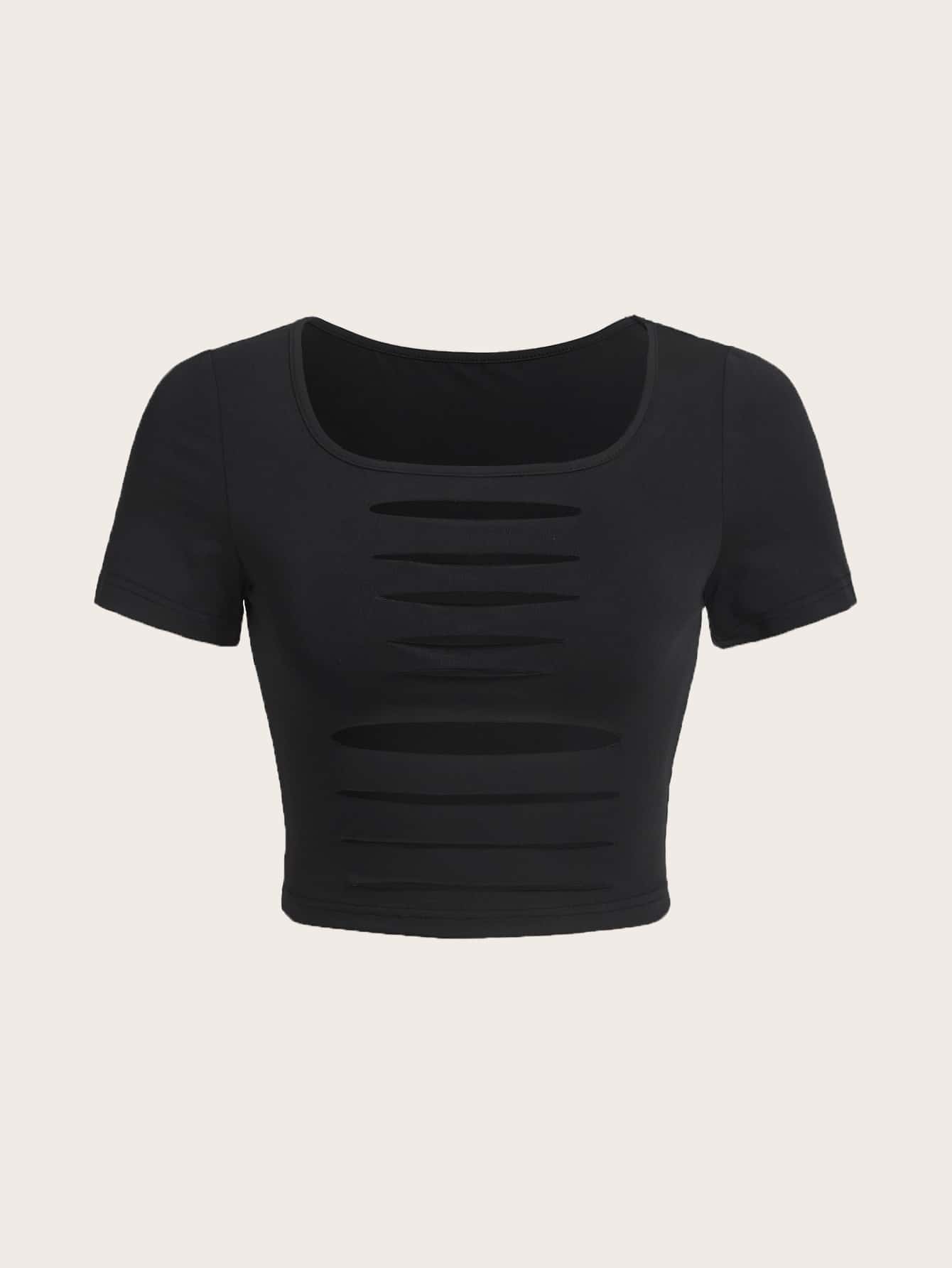 SHEIN ICON Ladder Cut Crop Tee - Black - View 1