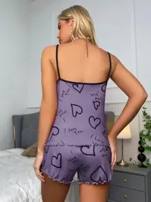 Slogan & Heart Print Contrast Binding Lettuce Trim PJ Set / Pajama Set - Mauve Purple - View 2